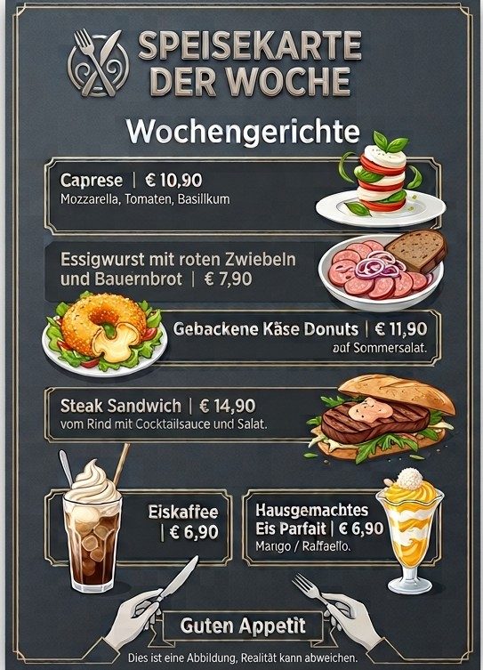 Wochengerichte

„Caprese“ 

Mozzarella, Tomaten, Basilikum

€ 7,90

„Essigwurst“ mit Rotem Zwiebel und Bauernbrot

€ 7,90

„Fleischpfanzerl“