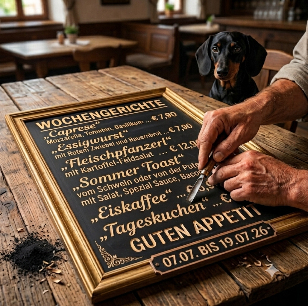 Wochengerichte bis 19. Juli 2026 Wochengerichte
„Caprese“
Mozzarella, Tomaten, Basilikum
€ 7,90
„Essigwurst“ mit Rotem Zwiebel und Bauernbrot
€ 7,90
„Fleischpfanzerl“