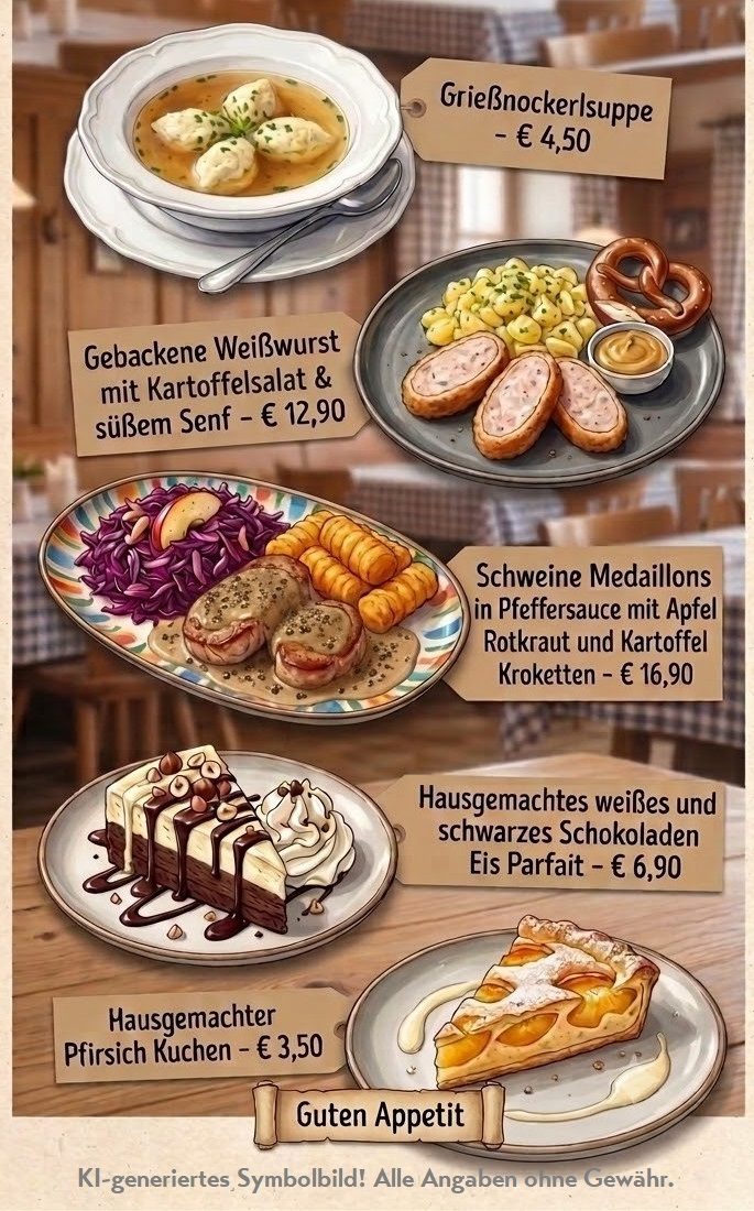 Wochengerichte

„Caprese“ 

Mozzarella, Tomaten, Basilikum

€ 7,90

„Essigwurst“ mit Rotem Zwiebel und Bauernbrot

€ 7,90

„Fleischpfanzerl“