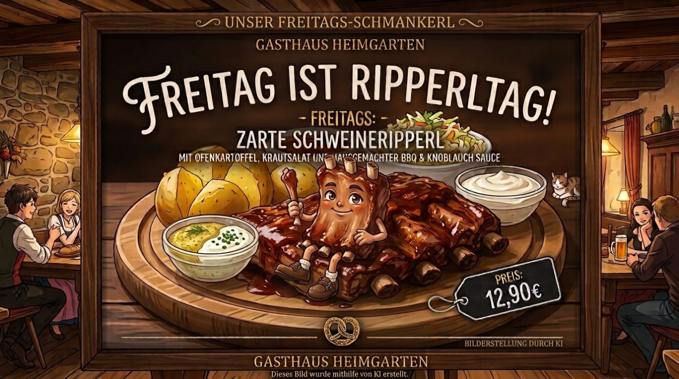 Wochengerichte bis 19. Juli 2026 Wochengerichte
„Caprese“
Mozzarella, Tomaten, Basilikum
€ 7,90
„Essigwurst“ mit Rotem Zwiebel und Bauernbrot
€ 7,90
„Fleischpfanzerl“